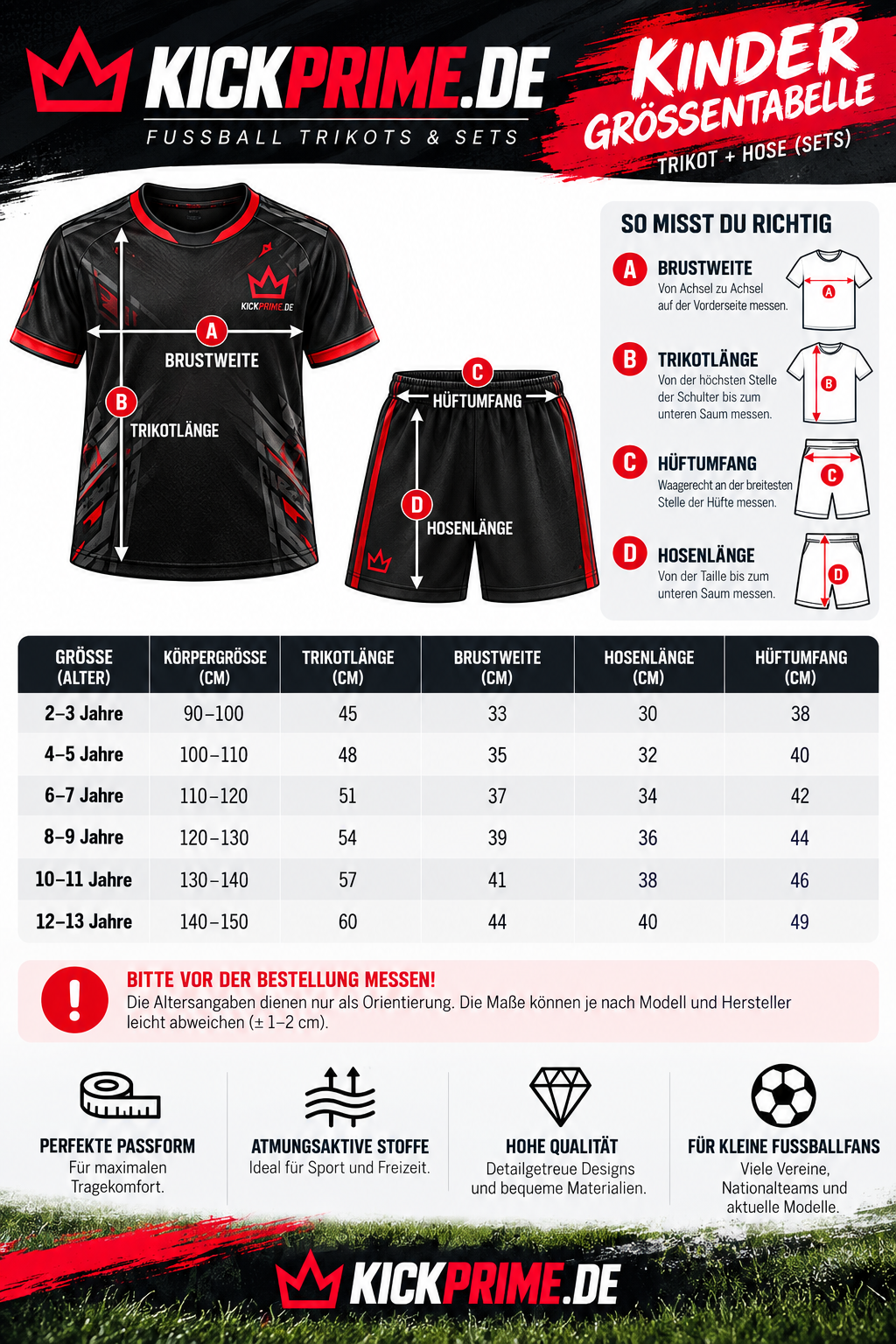 Kinder-Größentabelle für Fußballtrikots und Sets – Kickprime.de